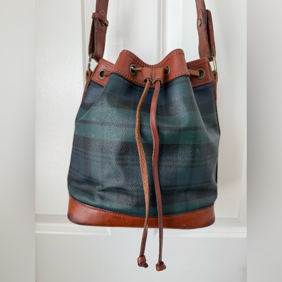 Polo Ralph Lauren Handbags - Vintage Polo RALPH LAUREN Green Tartan Plaid Leather Drawstring Bucket Bag 90s